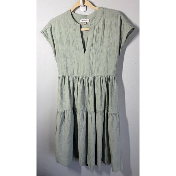 Calvin Klein Womens Textured Tiered Dress Size 2 Sage Green Split Neckline Tie - Picture 1 of 14